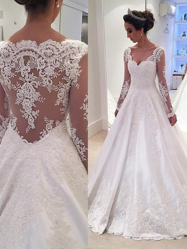 Court Gown V-neck Sleeves Ball Long Train Lace Satin Wedding Dresses