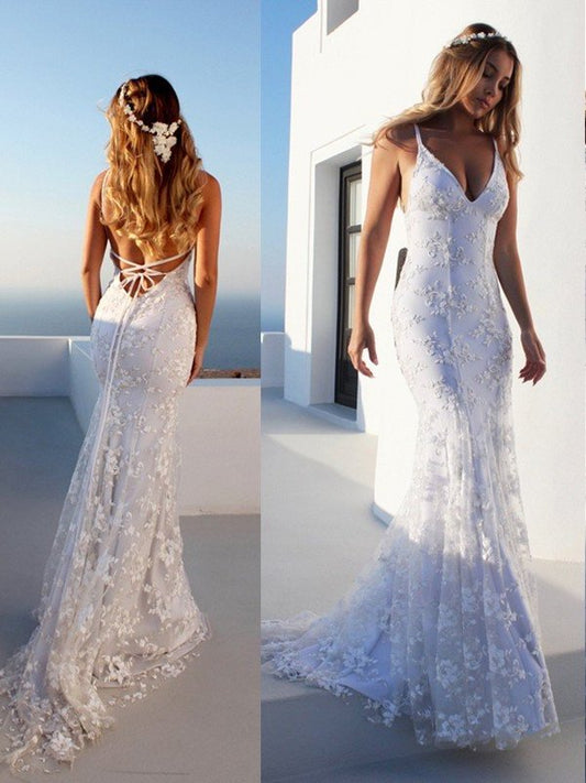 Trumpet/Mermaid Court Spaghetti Straps Sleeveless Lace Train Wedding Dresses
