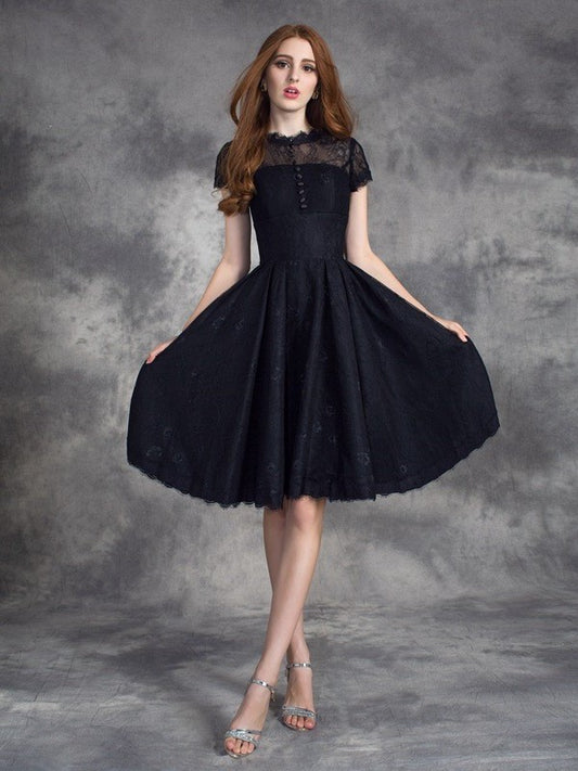 Sleeves Short Lace Jewel A-line/Princess Short Lace Dresses