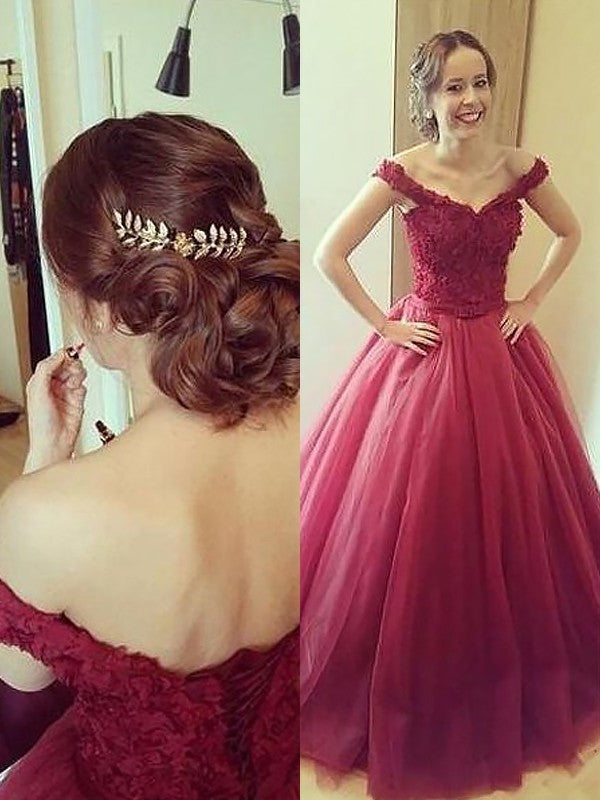 Off-the-Shoulder Applique Ball Gown Sleeveless Floor-Length Tulle Dresses