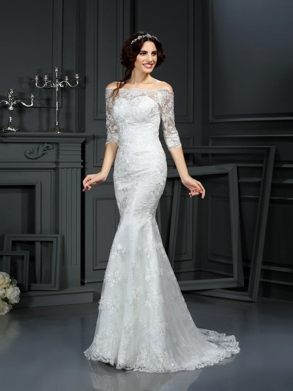 Sleeves Lace Off-the-Shoulder Sheath/Column Long 1/2 Lace Wedding Dresses