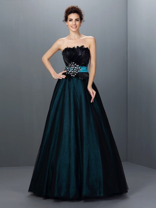 Strapless Woven Feathers/Fur Elastic Gown Ball Long Sleeveless Satin Quinceanera Dresses