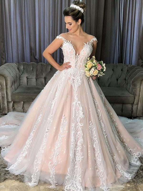 Applique Ball Sleeveless Court Gown Tulle Scoop Train Wedding Dresses