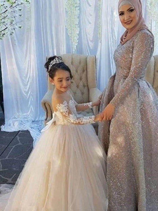 Long Train Sleeves Ball Tulle Applique Gown Off-the-Shoulder Sweep/Brush Flower Girl Dresses