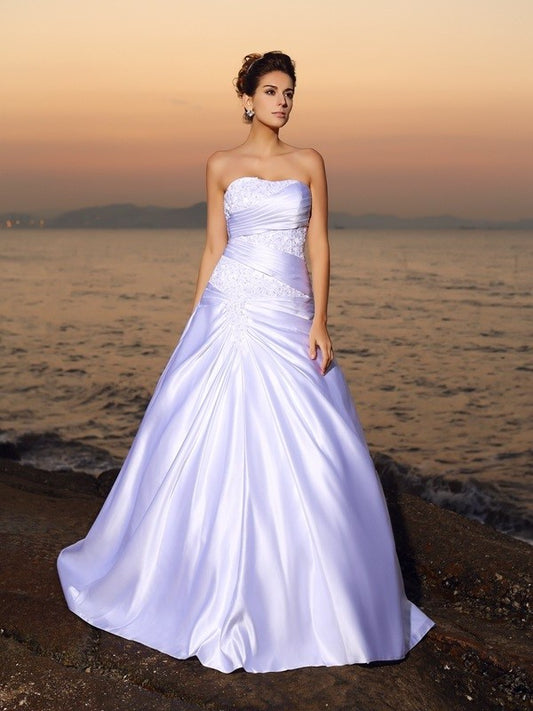 Sleeveless Gown Long Satin Strapless Ball Beading Beach Wedding Dresses