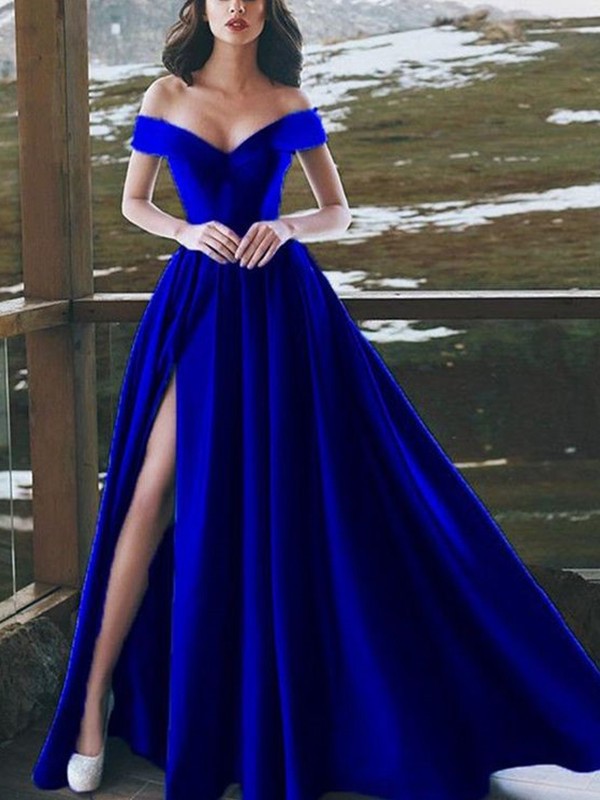 Off-the-Shoulder Sleeveless A-Line/Princess Floor-Length Ruffles Satin Dresses