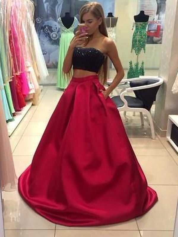 Sleeveless Floor-Length Tulle Beading Strapless A-Line/Princess Two Piece Dresses