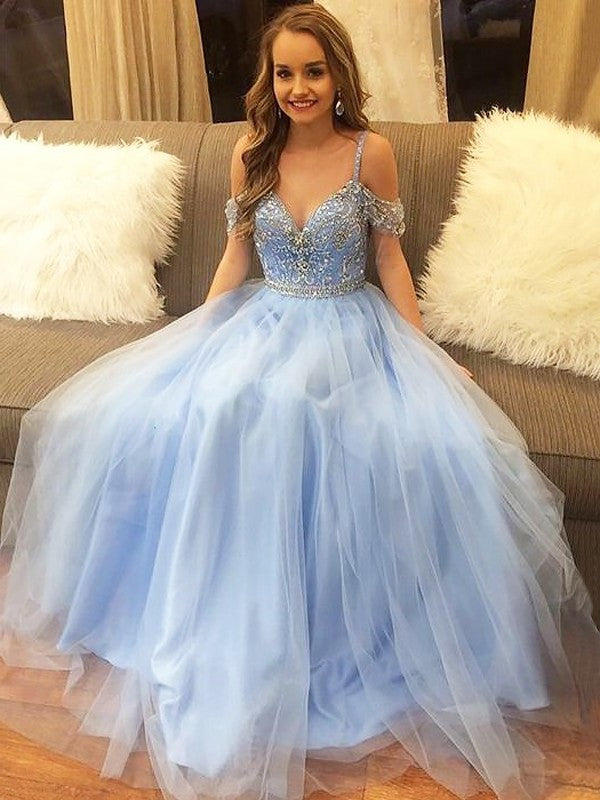 Tulle Off-the-Shoulder A-Line/Princess Floor-Length Sleeveless Beading Dresses