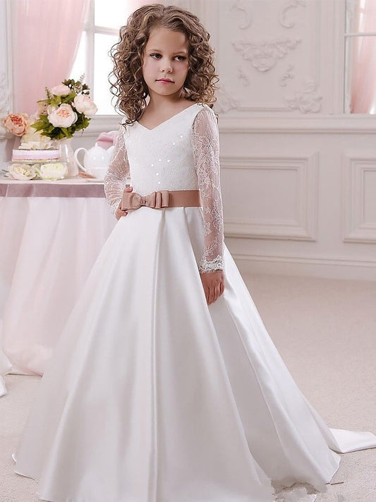 Lace Gown Satin Long V-neck Floor-Length Ball Sleeves Flower Girl Dresses