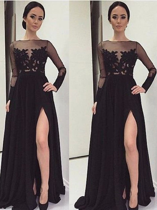 Lace Bateau Long Sleeves A-Line/Princess Floor-Length Chiffon Dresses