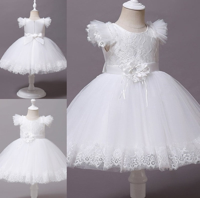 Tea-Length Scoop Tulle Applique Sleeves Short Ball Gown Flower Girl Dresses