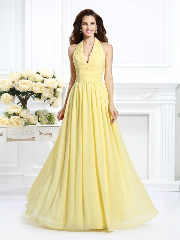 Sleeveless Pleats A-Line/Princess Halter Long Chiffon Bridesmaid Dresses