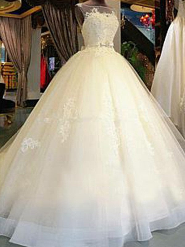 Applique Ball Sleeveless Train Gown Cathedral Scoop Sash/Ribbon/Belt Tulle Wedding Dresses