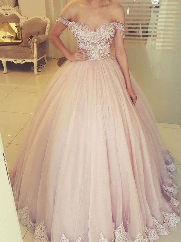 Floor-Length Ball Sleeveless Off-the-Shoulder Gown Tulle Applique Dresses
