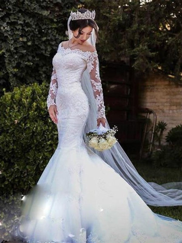 Sweep/Brush Trumpet/Mermaid Off-the-Shoulder Lace Sleeves Long Tulle Train Wedding Dresses