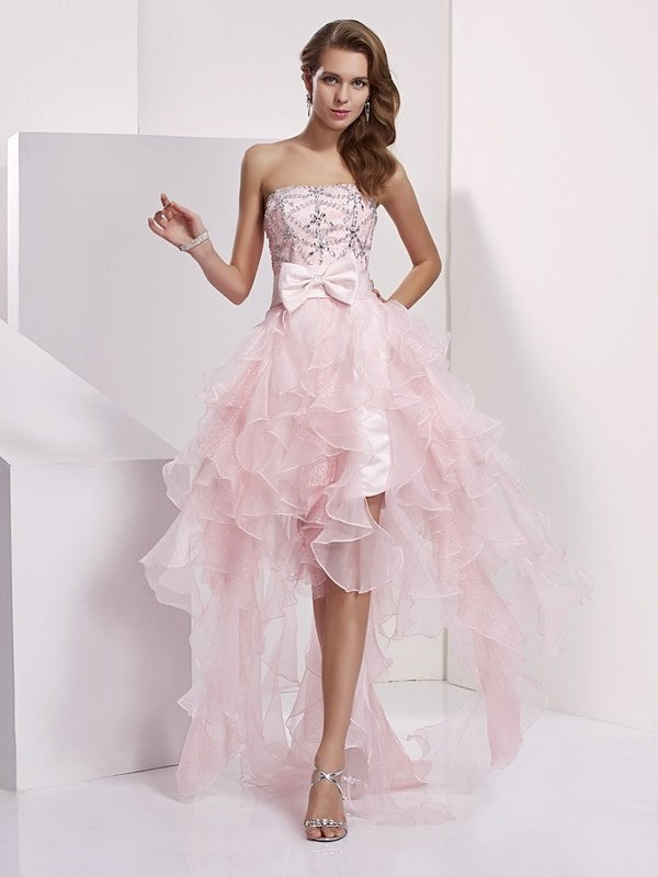 A-Line/Princess Sleeveless Beading Strapless High Low Organza Homecoming Dresses