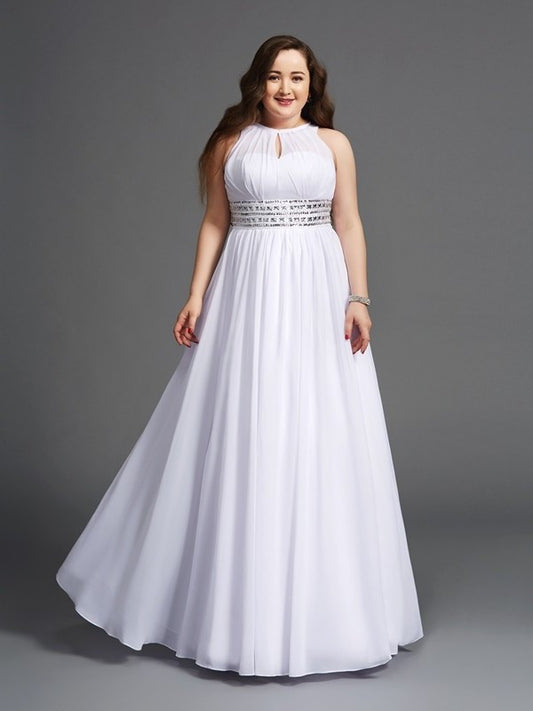 Sleeveless Chiffon Long Beading A-Line/Princess Jewel Plus Size Dresses