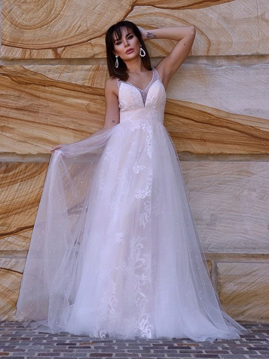 A-Line/Princess V-neck Sweep/Brush Applique Sleeveless Lace Train Wedding Dresses