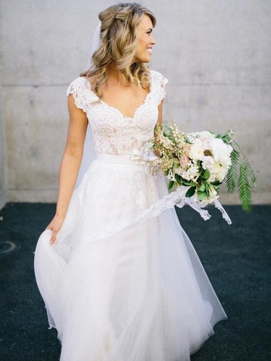 Lace Sleeveless V-neck A-Line/Princess Floor-Length Tulle Wedding Dresses