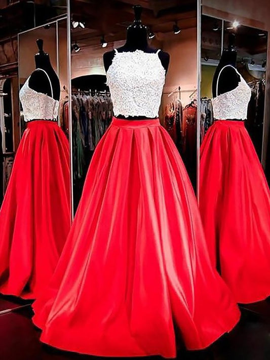 Spaghetti Lace Sleeveless Straps Satin A-Line/Princess Floor-Length Two Piece Dresses