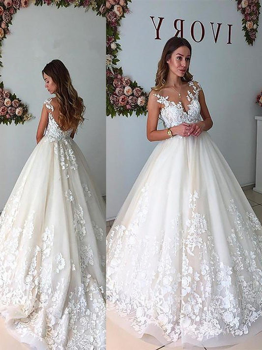 V-neck A-Line/Princess Court Tulle Train Sleeveless Wedding Dresses