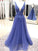 Sleeveless Floor-Length A-Line/Princess V-neck Applique Tulle Dresses
