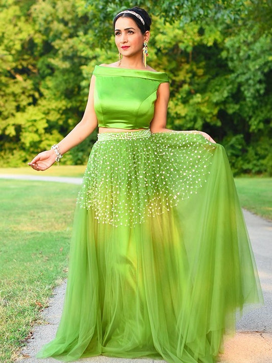 Tulle Off-the-Shoulder A-Line/Princess Floor-Length Sleeveless Beading Two Piece Dresses