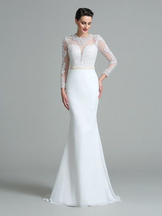 Long Lace Sleeves Long Trumpet/Mermaid Jewel Satin Wedding Dresses