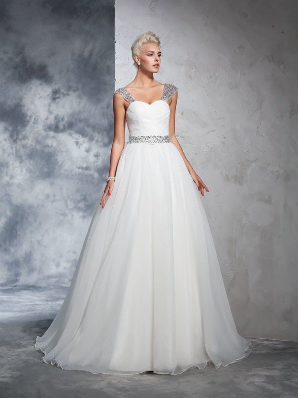 Ruched Straps Gown Ball Long Sleeveless Net Wedding Dresses