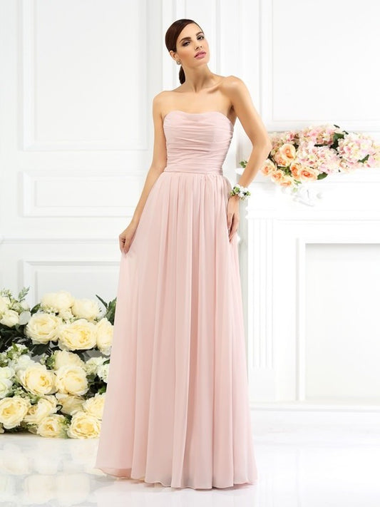 Sleeveless Pleats Strapless Long A-Line/Princess Chiffon Bridesmaid Dresses
