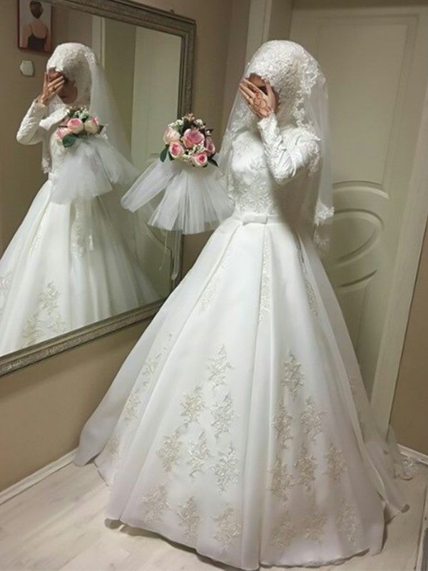 Jewel Bowknot Long Ball Sleeves Gown Floor-Length Organza Wedding Dresses