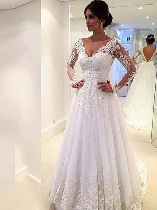 Sleeves Lace Ball Sweep/Brush Gown V-neck Long Train Tulle Wedding Dresses
