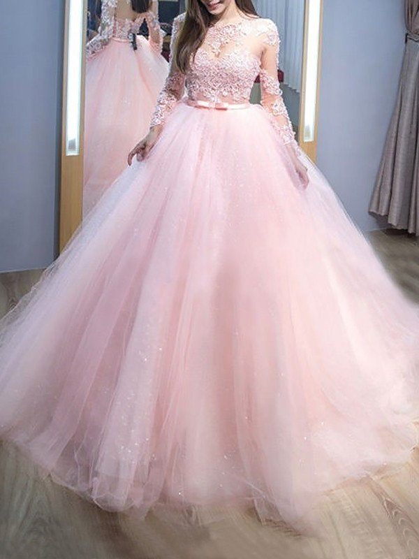 Train Long Sleeves Sweep/Brush Ball Gown Jewel Lace Tulle Dresses