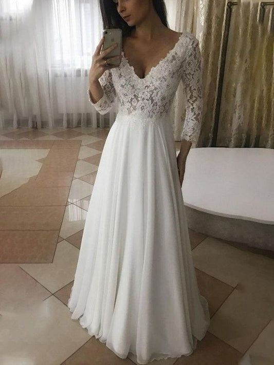 Sleeves 3/4 Applique V-neck A-Line/Princess Chiffon Floor-Length Wedding Dresses