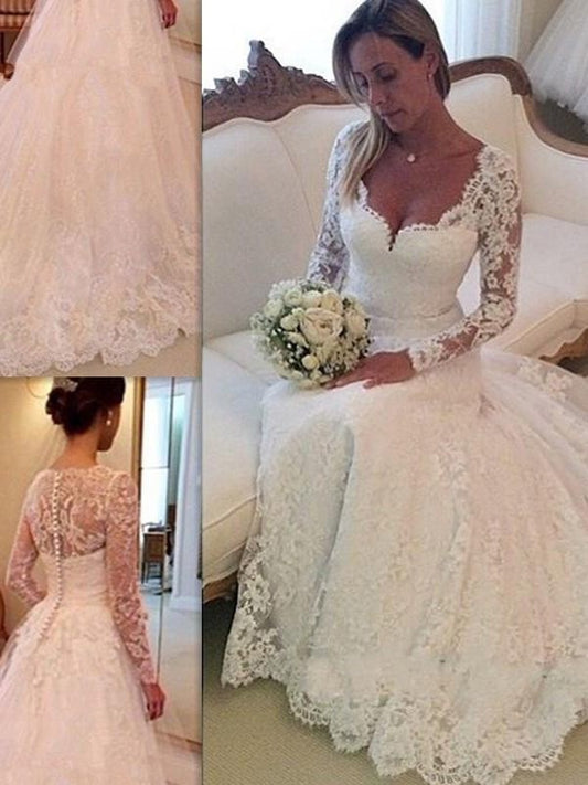 Lace Sleeves Court Gown V-neck Train Ball Long Tulle Wedding Dresses