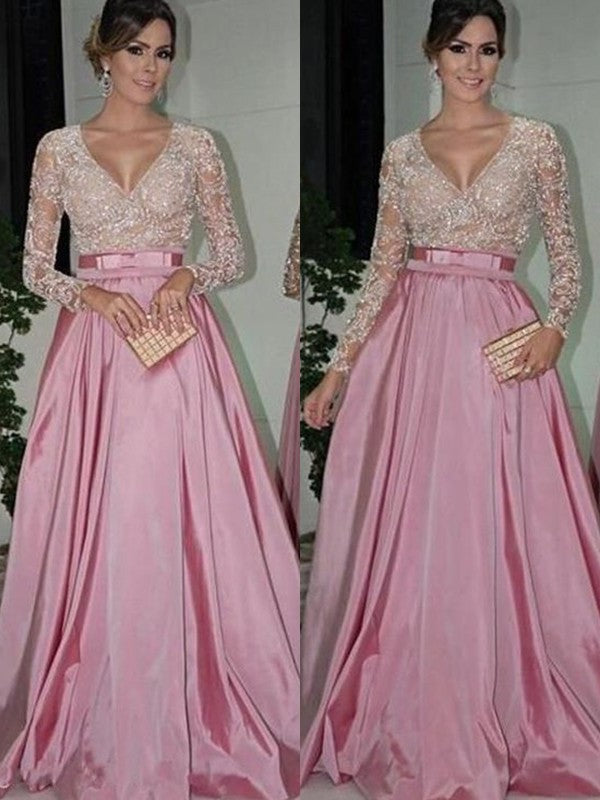 Sleeves Long Floor-Length A-Line/Princess V-neck Lace Satin Dresses
