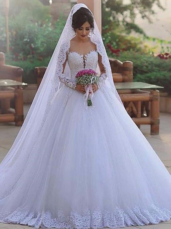 Ball Sweetheart Train Lace Gown Sleeves Long Sweep/Brush Tulle Wedding Dresses