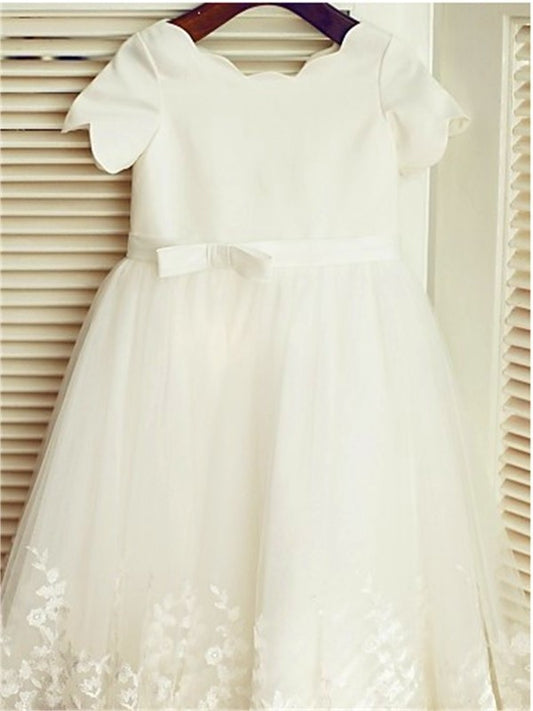 Sleeves A-line/Princess Scoop Short Tea-Length Lace Flower Girl Dresses
