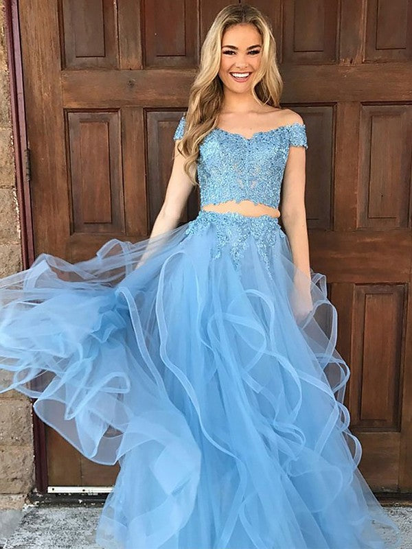 Off-the-Shoulder Sleeveless Floor-Length Tulle Applique A-Line/Princess Two Piece Dresses