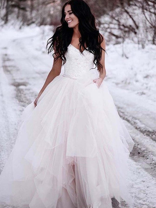 Sleeveless A-Line/Princess V-neck Tulle Ruched Floor-Length Wedding Dresses