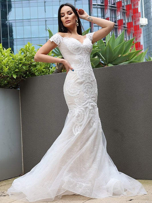 Sleeveless Sweep/Brush Off-the-Shoulder Trumpet/Mermaid Tulle Applique Train Wedding Dresses