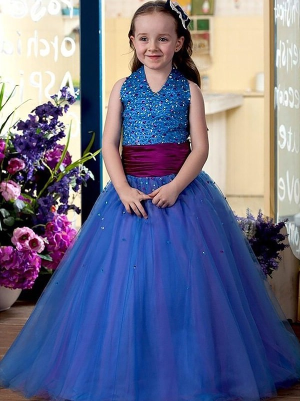 Tulle Halter Ball Floor-Length Gown Sleeveless Sequins Flower Girl Dresses