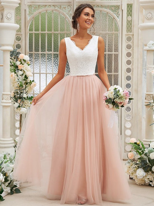 V-neck Sleeveless Tulle Lace A-Line/Princess Floor-Length Bridesmaid Dresses