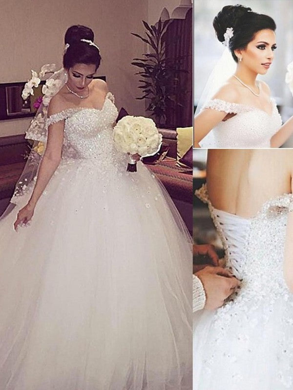 Sleeveless Train Gown Lace Off-the-Shoulder Ball Court Tulle Wedding Dresses