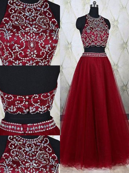 Beading Tulle Jewel A-Line/Princess Sleeveless Floor-Length Two Piece Dresses