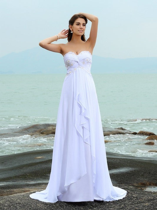 A-Line/Princess Sweetheart Beading Chiffon Sleeveless Long Beach Wedding Dresses