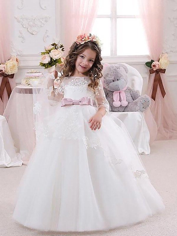 Tulle Gown Lace Sleeves Floor-Length Jewel 1/2 Ball Flower Girl Dresses