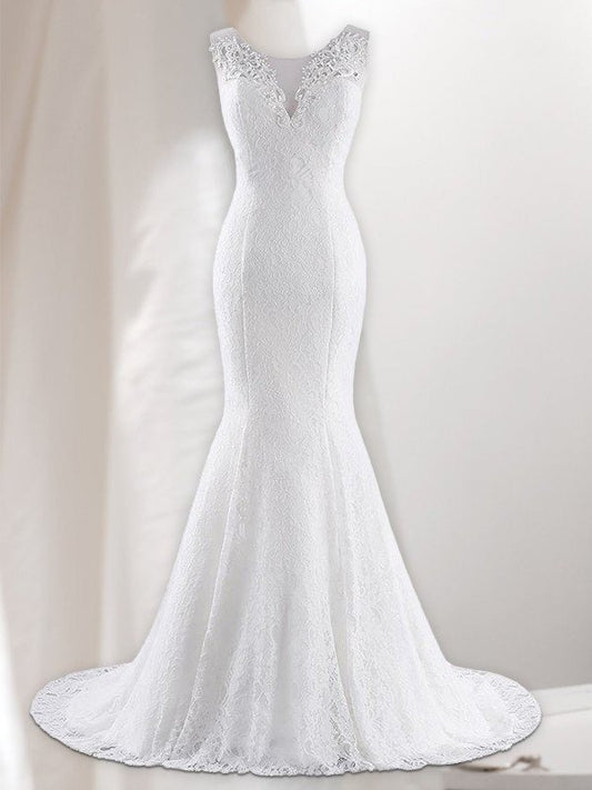 Lace Sweep/Brush V-neck Trumpet/Mermaid Sleeveless Train Wedding Dresses