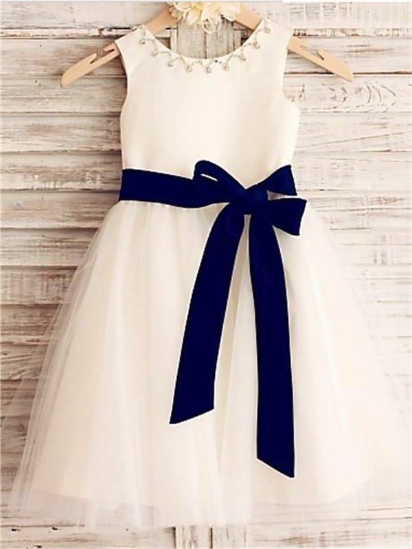 A-line/Princess Tulle Bowknot Scoop Sleeveless Tea-Length Flower Girl Dresses