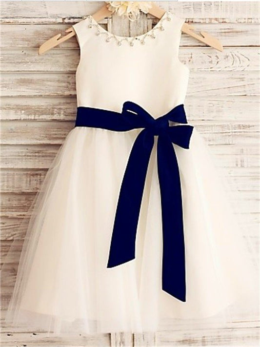A-line/Princess Tulle Bowknot Scoop Sleeveless Tea-Length Flower Girl Dresses